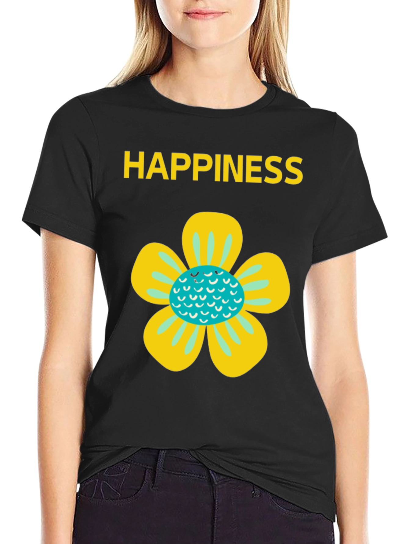 Happiness Floral Graphic Tee - Black Cotton Blend
