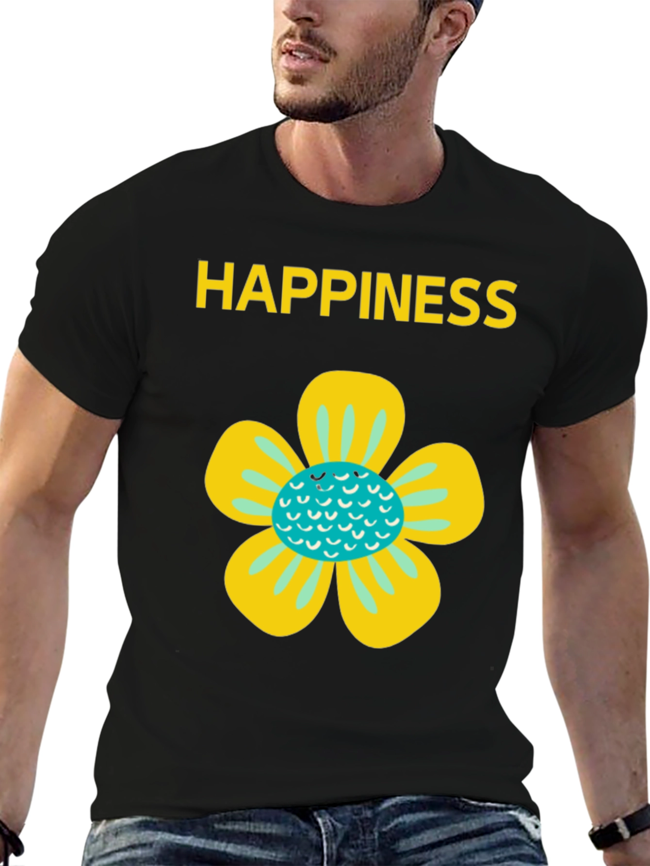 Happiness Floral Graphic Tee - Black Cotton Blend