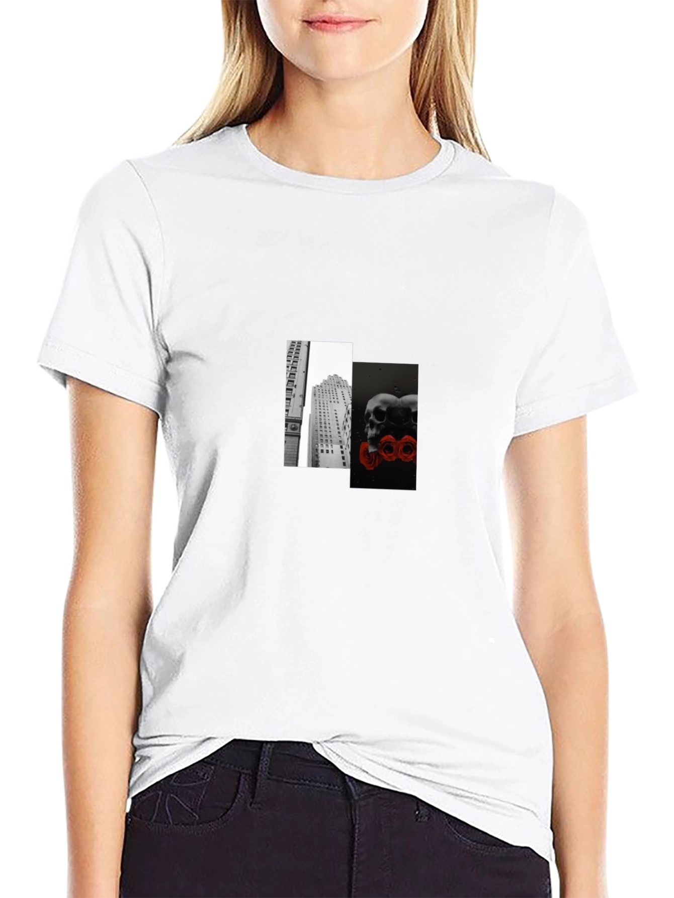 Modern Skulls & Cityscape Graphic Tee - Black