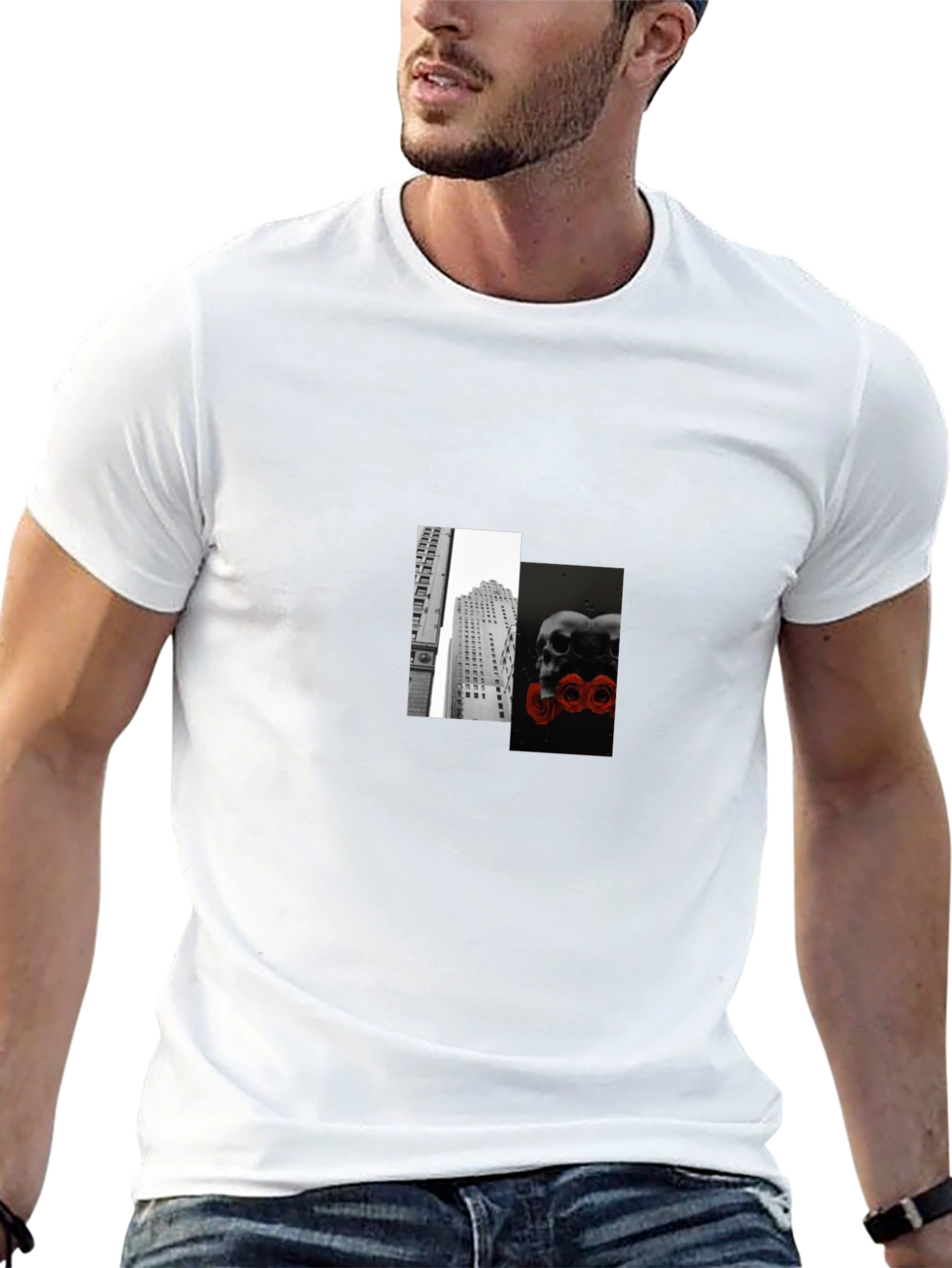 Modern Skulls & Cityscape Graphic Tee - Black