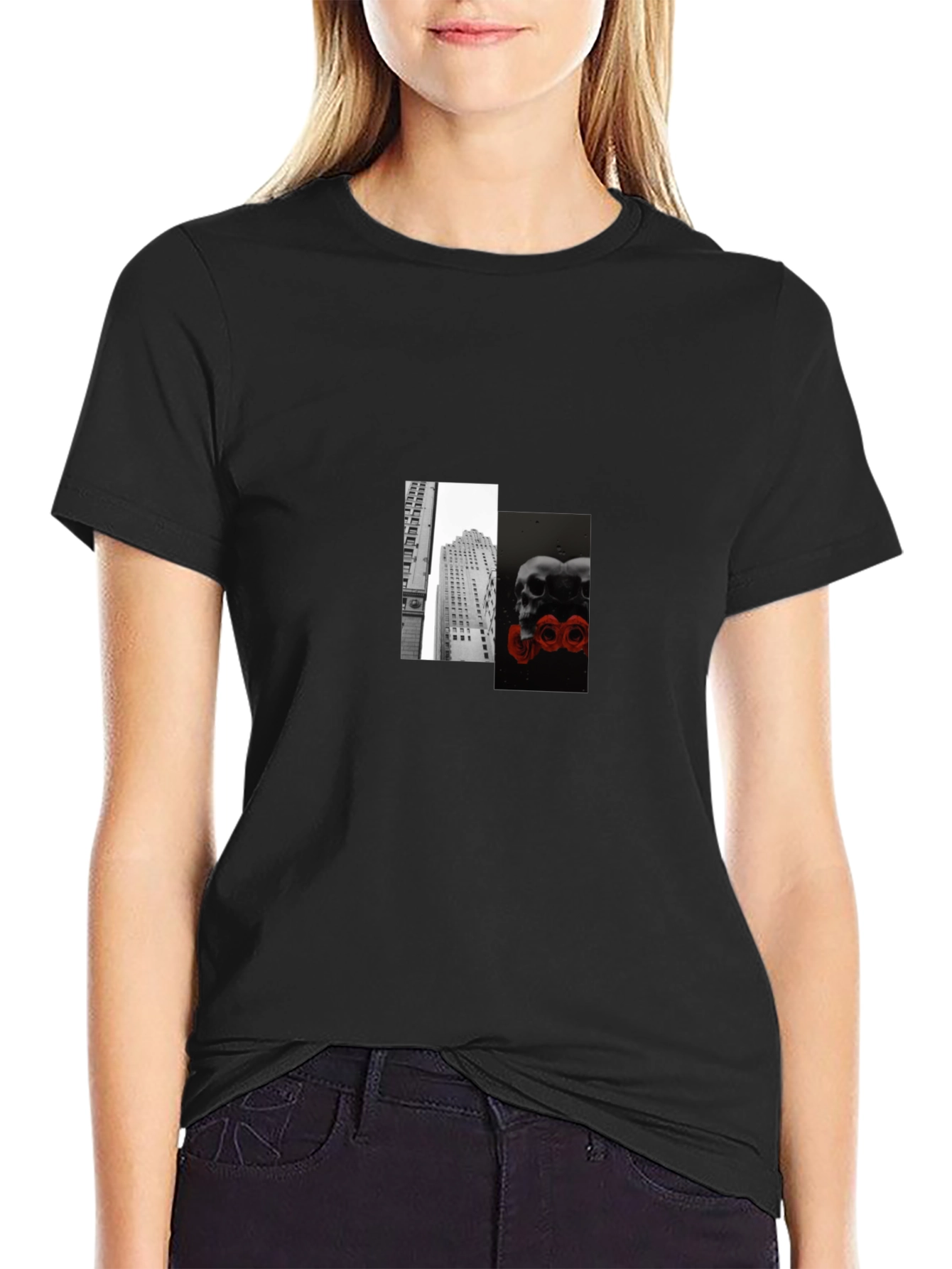 Modern Skulls & Cityscape Graphic Tee - Black
