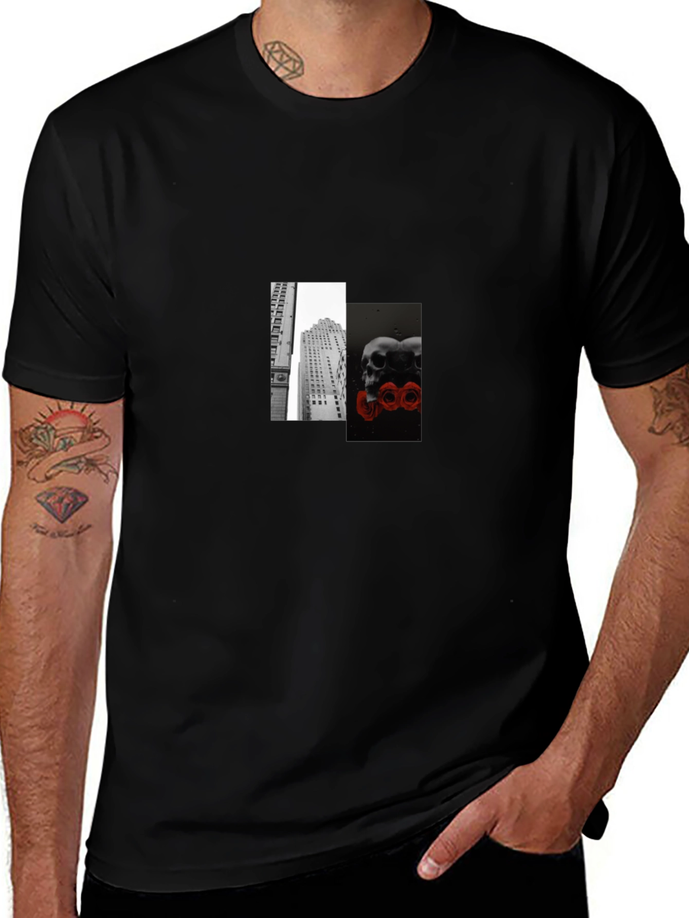 Modern Skulls & Cityscape Graphic Tee - Black