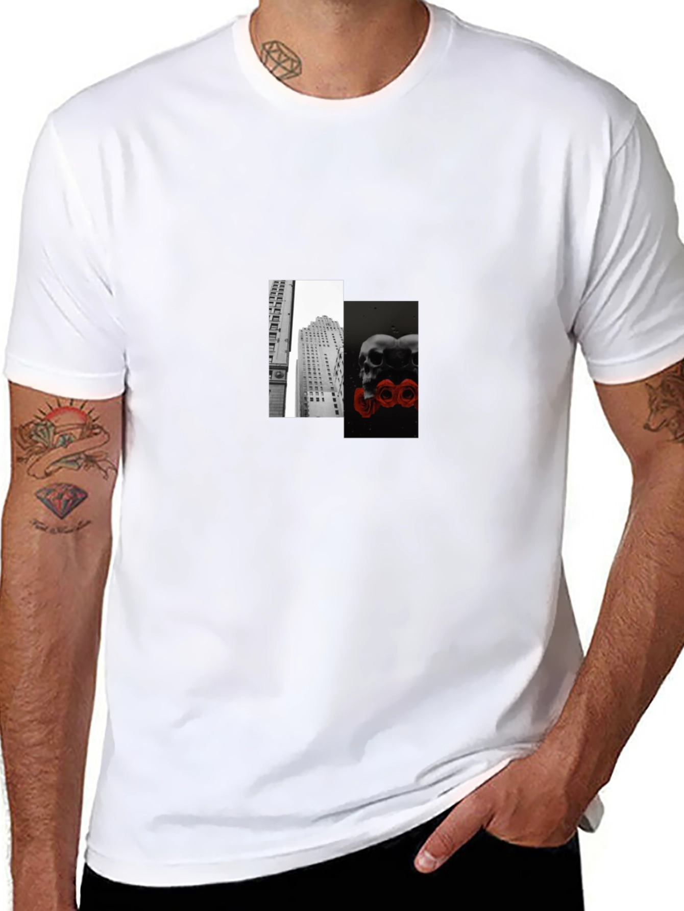 Modern Skulls & Cityscape Graphic Tee - Black