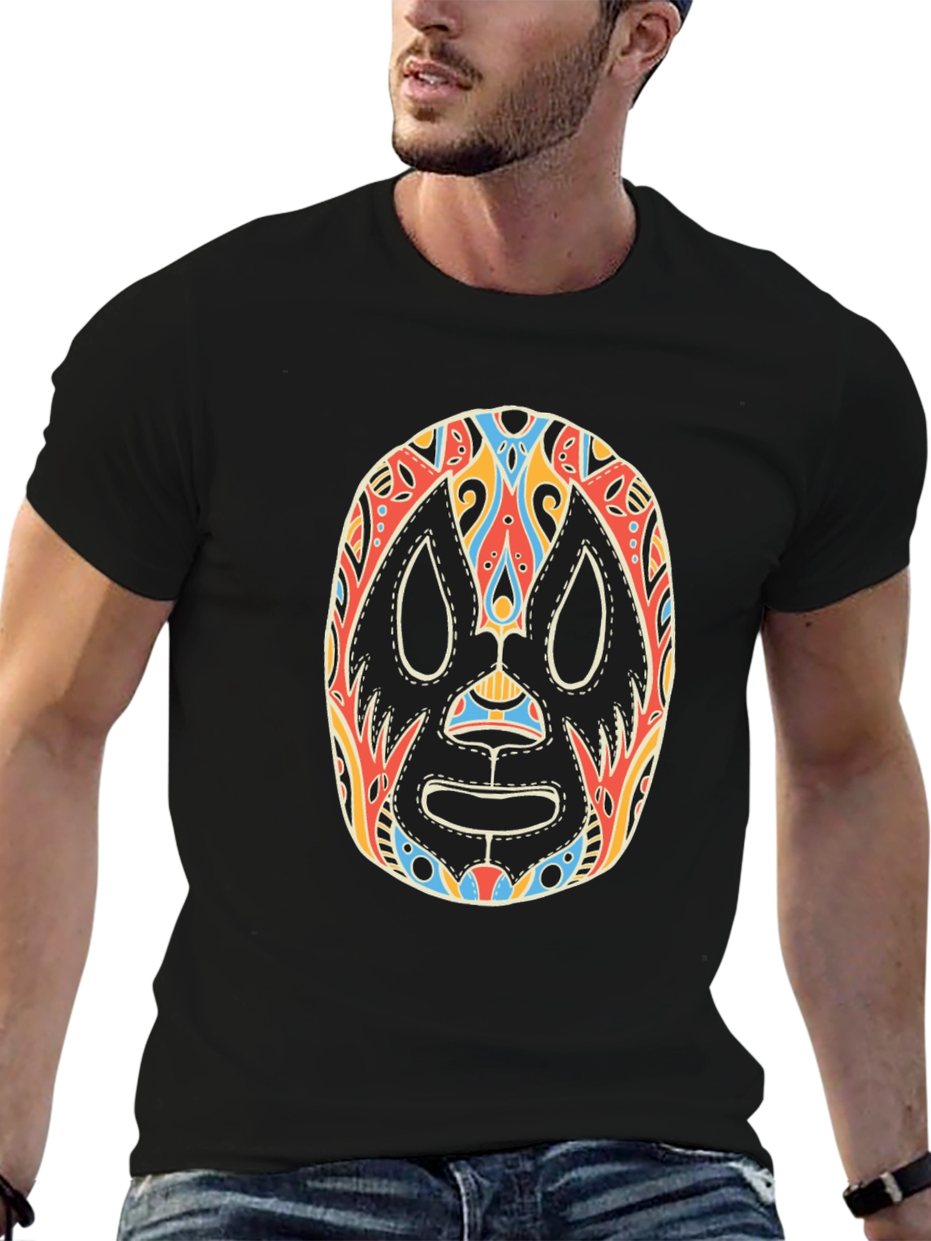 Lucha Libre Mask Graphic Tee - Black Cotton T-Shirt