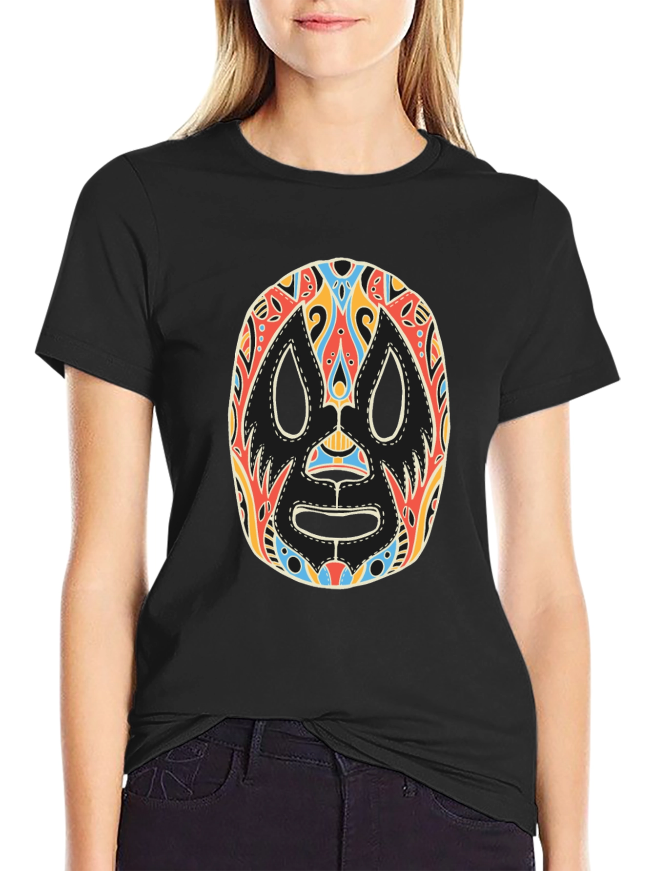 Lucha Libre Mask Graphic Tee - Black Cotton T-Shirt