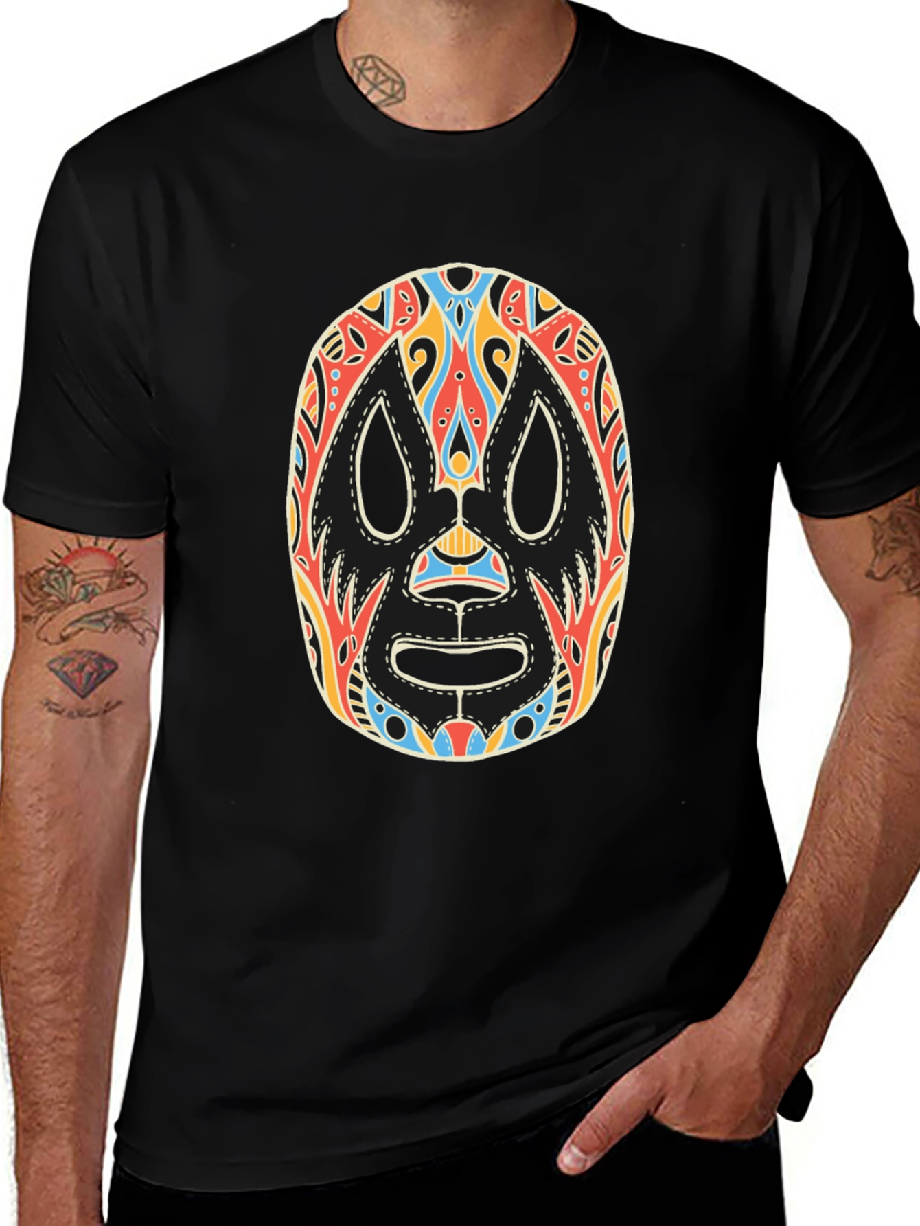 Lucha Libre Mask Graphic Tee - Black Cotton T-Shirt