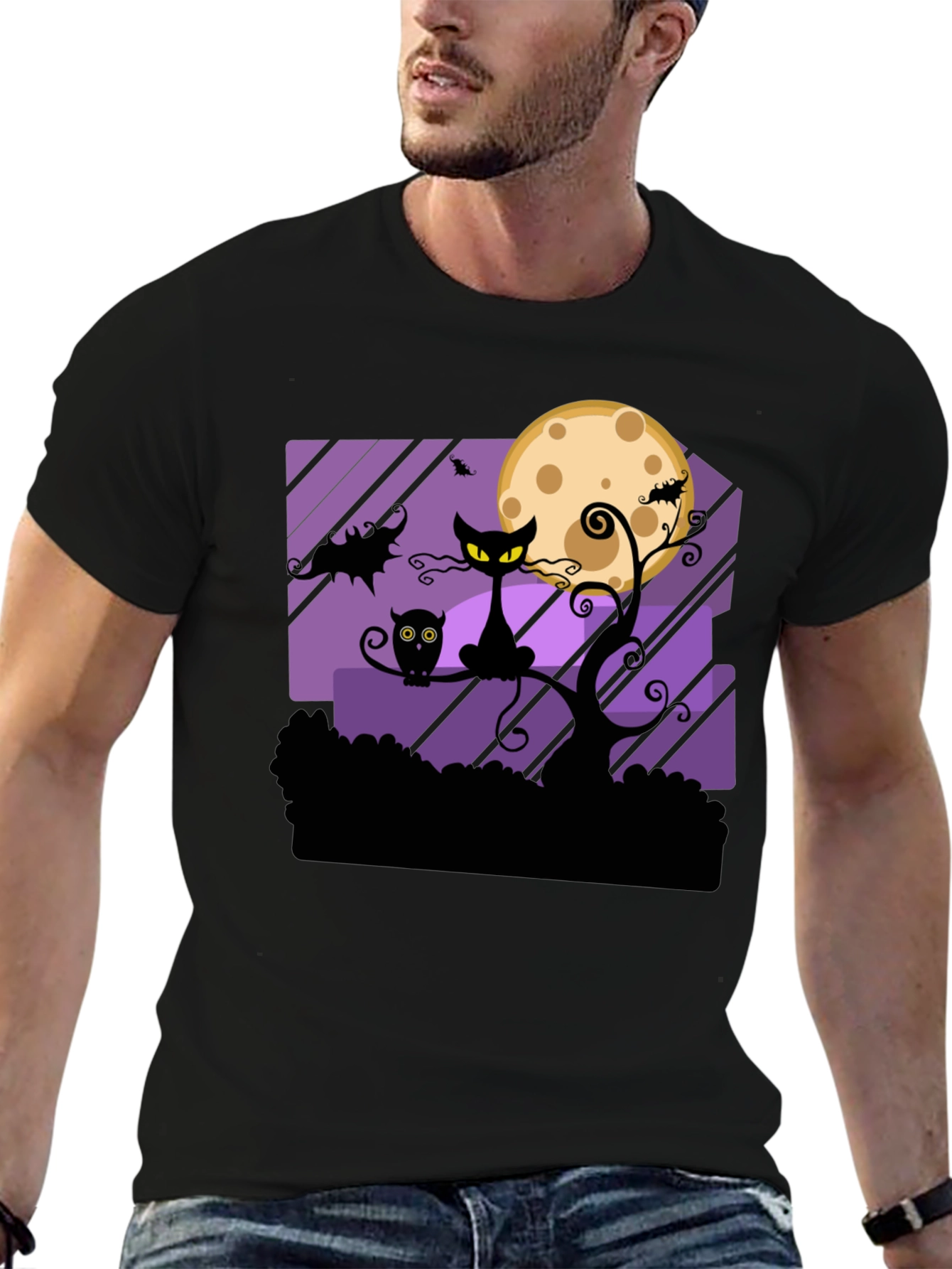 Halloween Black Cat & Moon Graphic T-Shirt