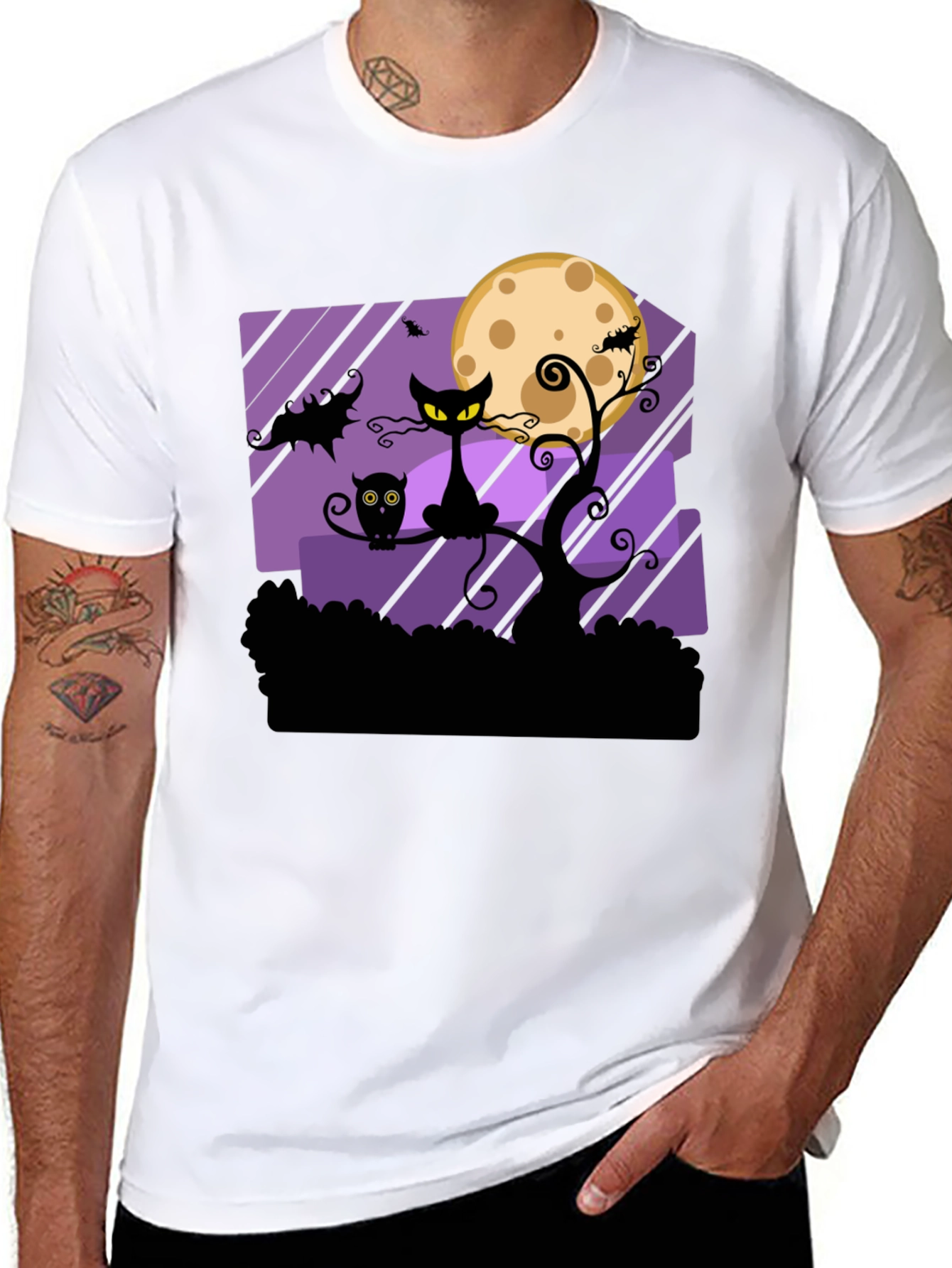 Halloween Black Cat & Moon Graphic T-Shirt