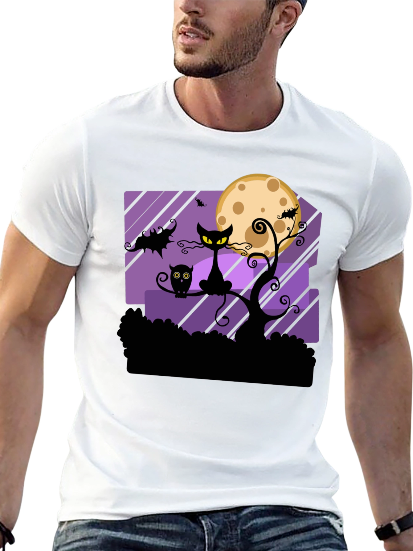 Halloween Black Cat & Moon Graphic T-Shirt