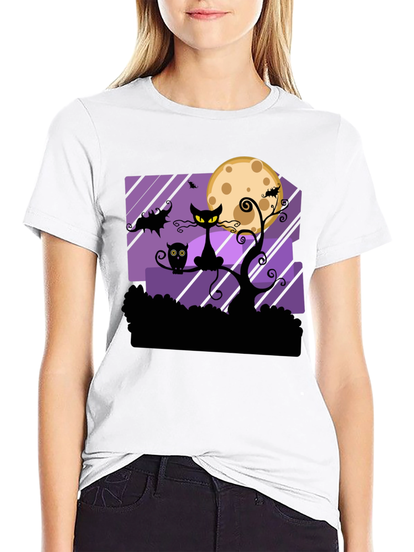 Halloween Black Cat & Moon Graphic T-Shirt