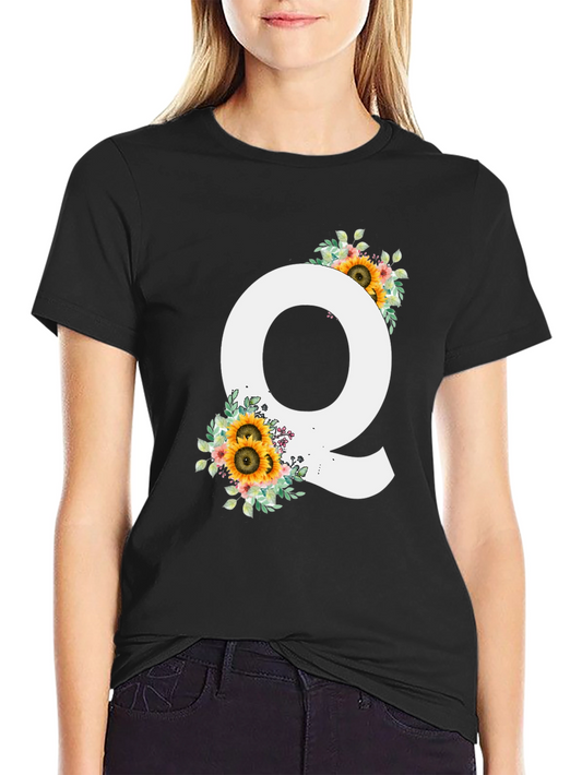 Floral Letter Q Black T-Shirt