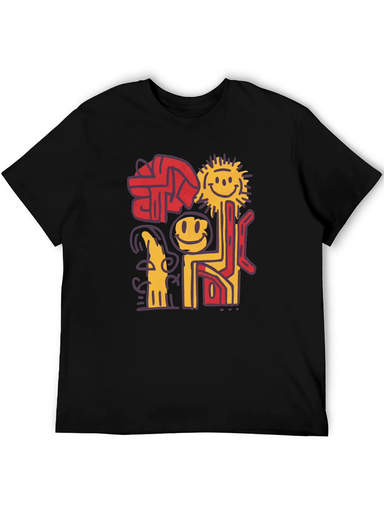 Abstract Smiley Face Graphic Black T-Shirt