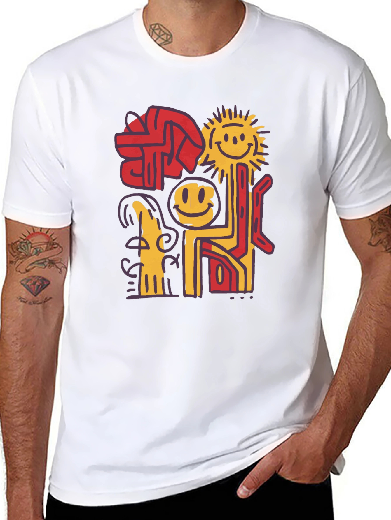 Abstract Smiley Face Graphic Black T-Shirt