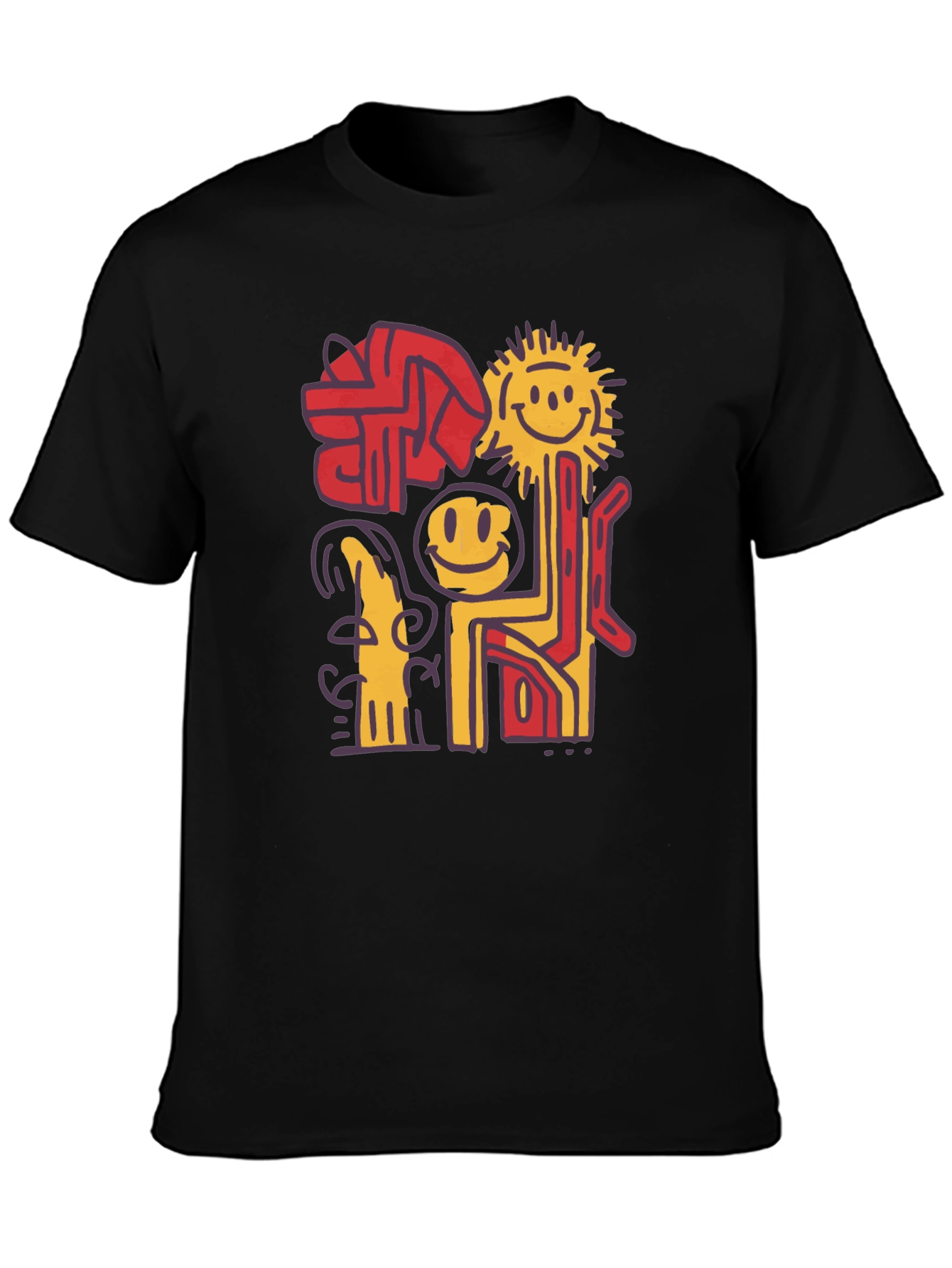Abstract Smiley Face Graphic Black T-Shirt