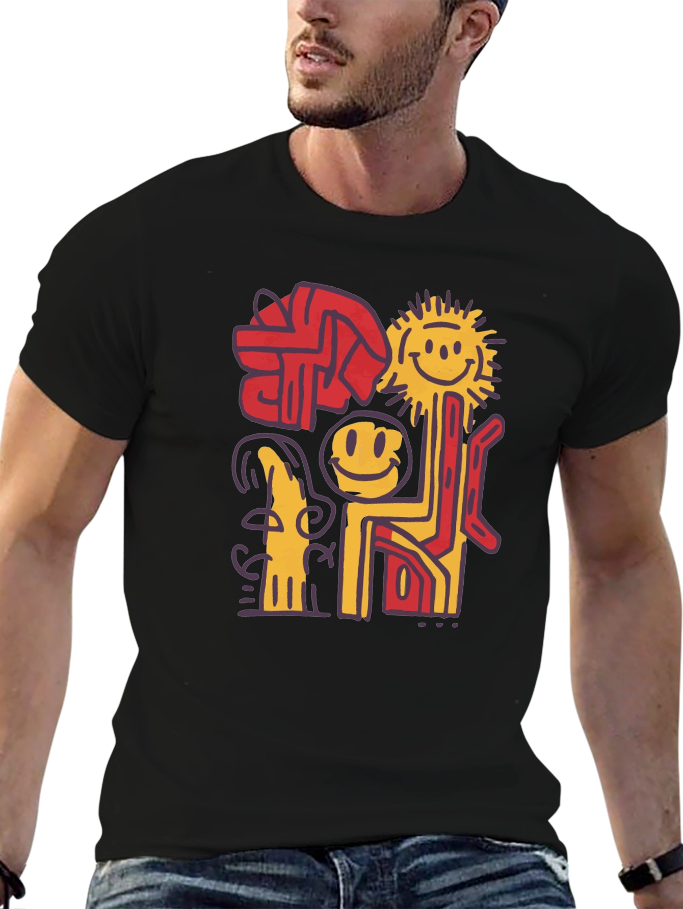Abstract Smiley Face Graphic Black T-Shirt