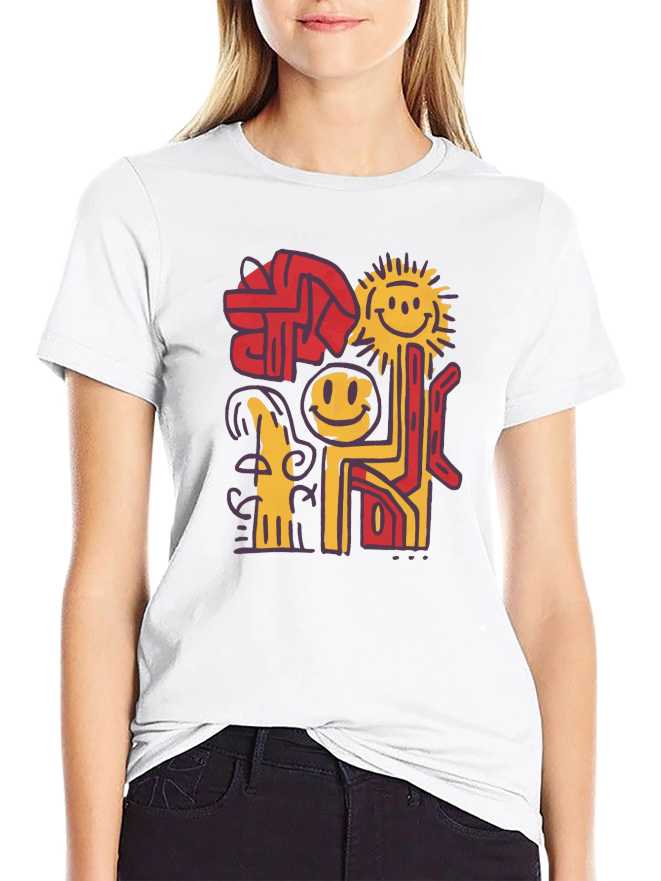 Abstract Smiley Face Graphic Black T-Shirt