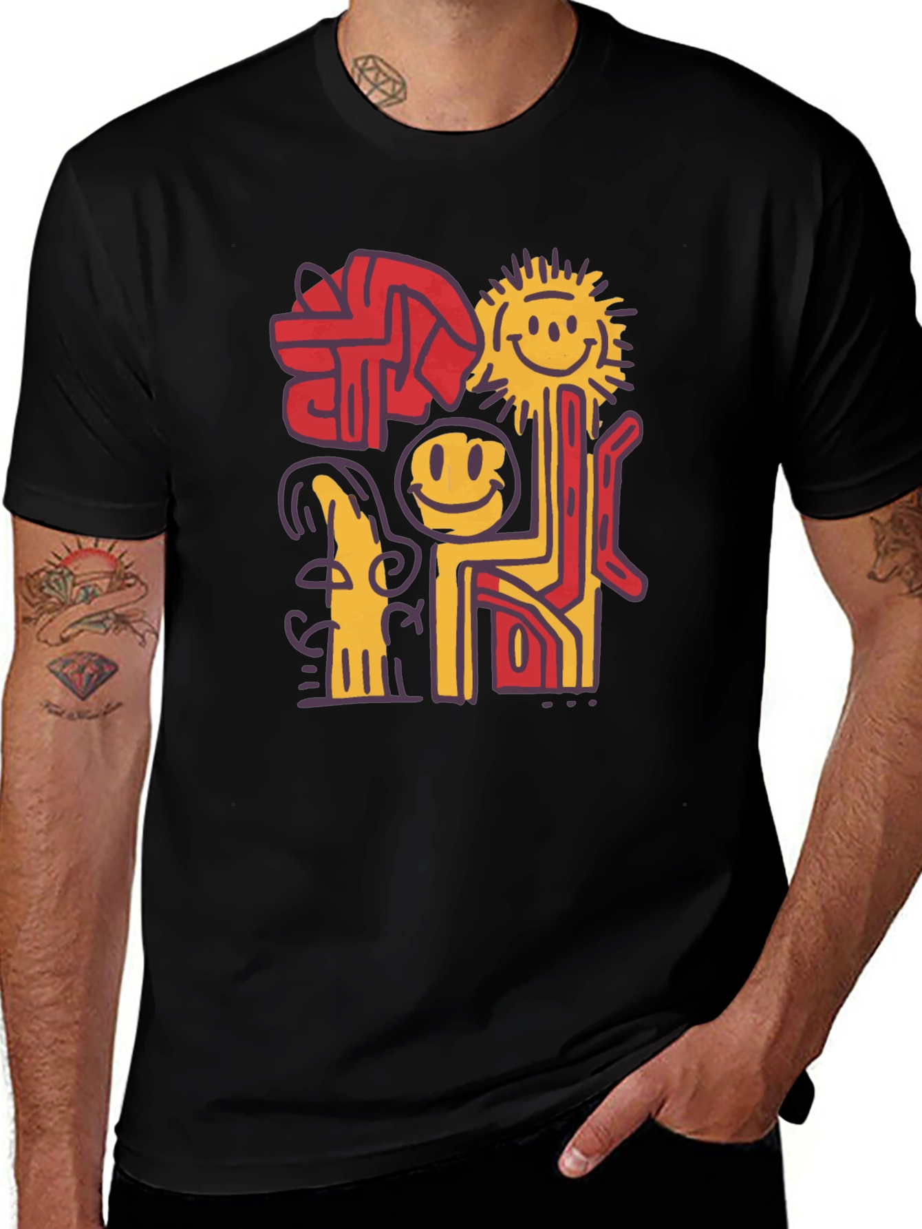 Abstract Smiley Face Graphic Black T-Shirt