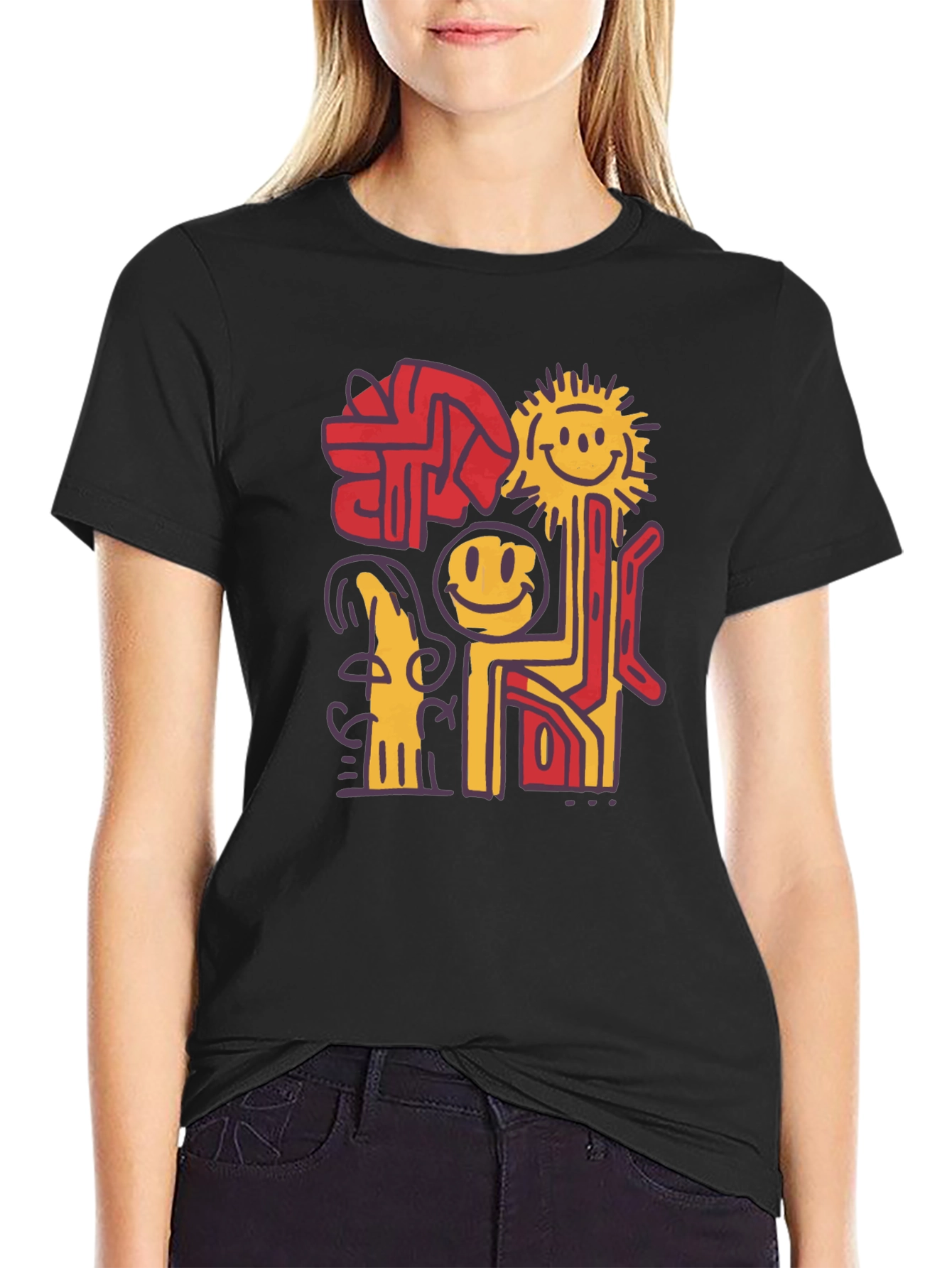 Abstract Smiley Face Graphic Black T-Shirt