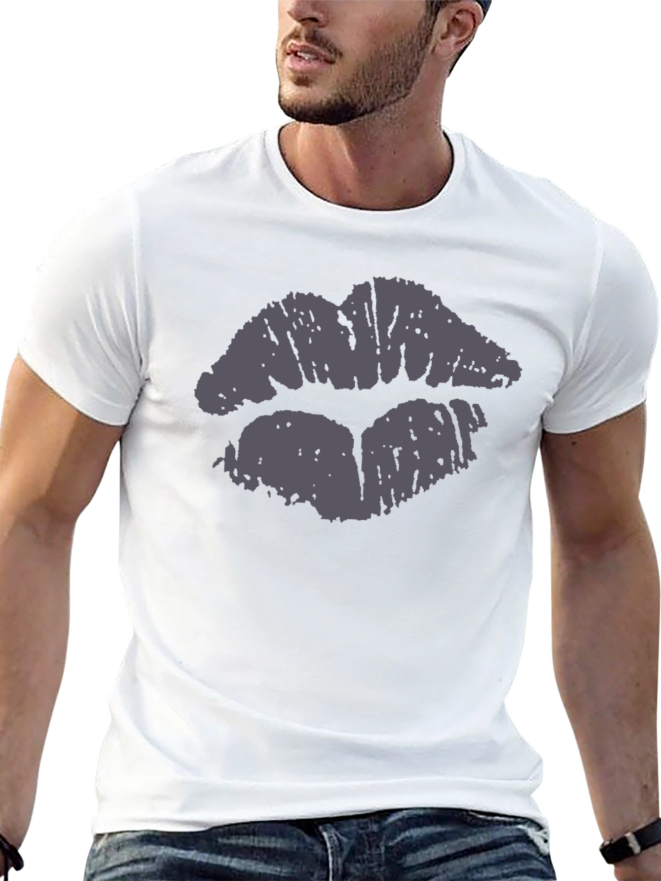 Kiss Lips Print Black Cotton Casual T-Shirt