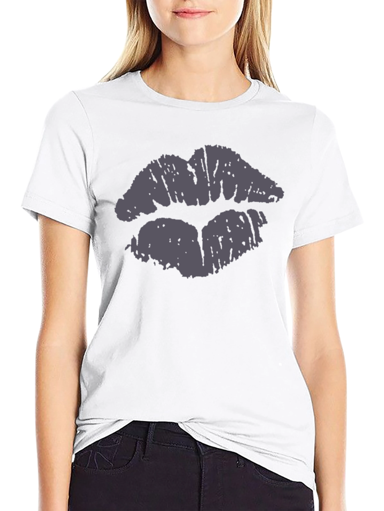 Kiss Lips Print Black Cotton Casual T-Shirt