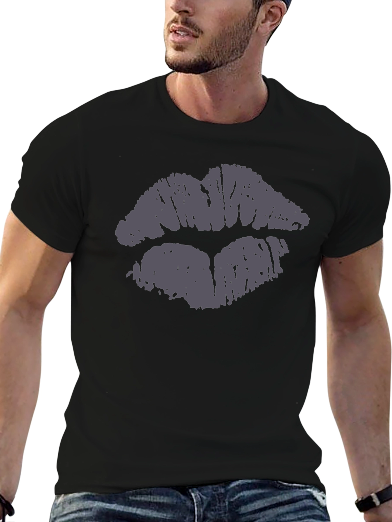 Kiss Lips Print Black Cotton Casual T-Shirt