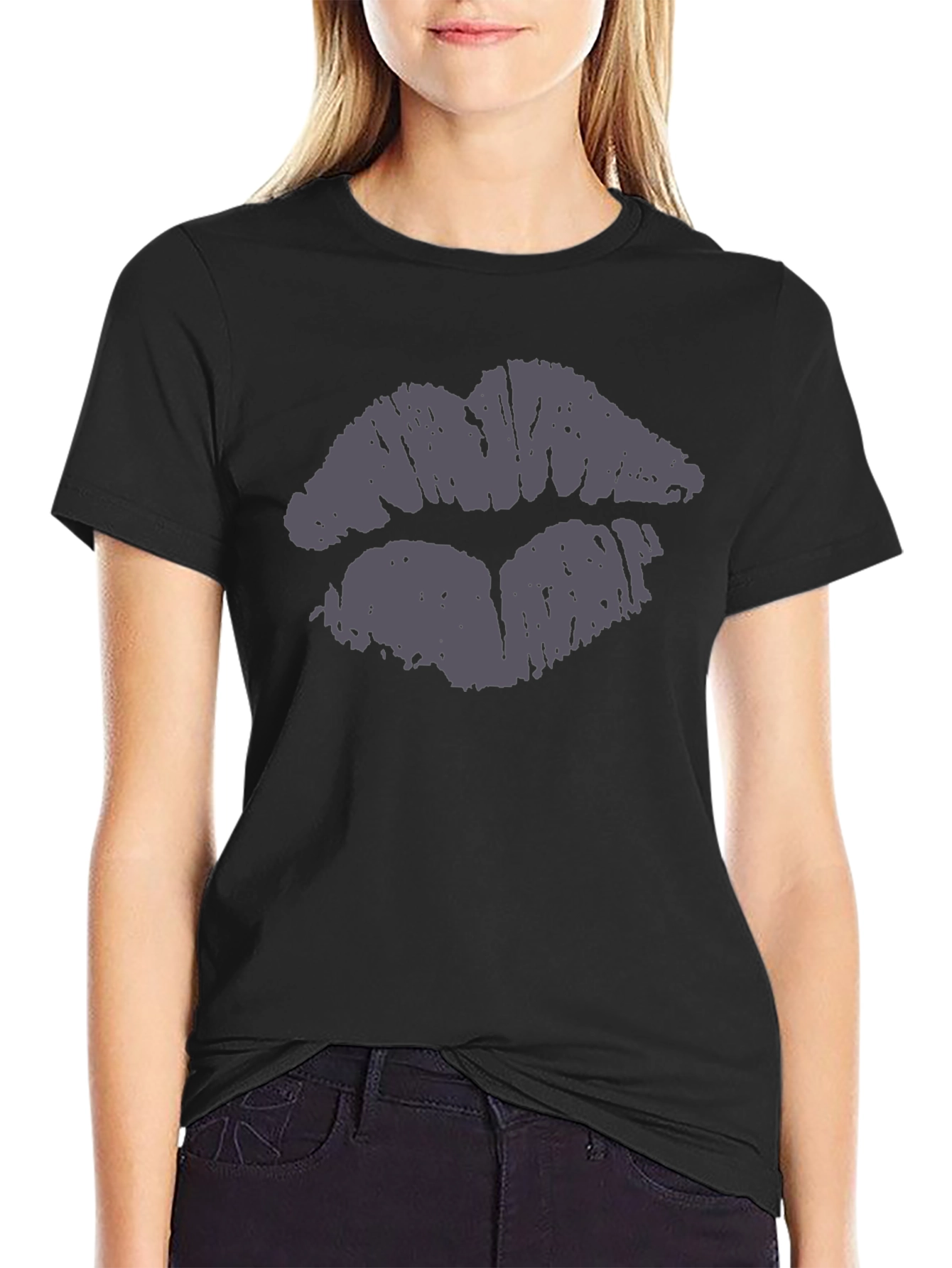 Kiss Lips Print Black Cotton Casual T-Shirt