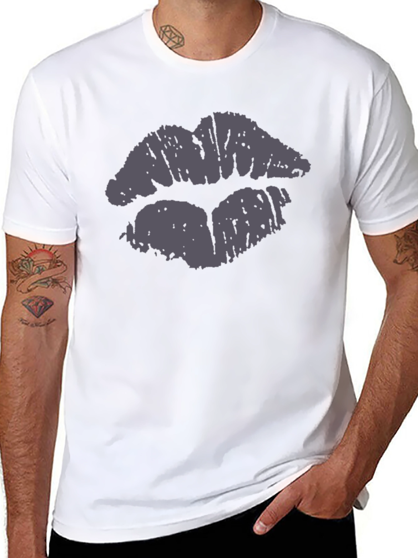 Kiss Lips Print Black Cotton Casual T-Shirt
