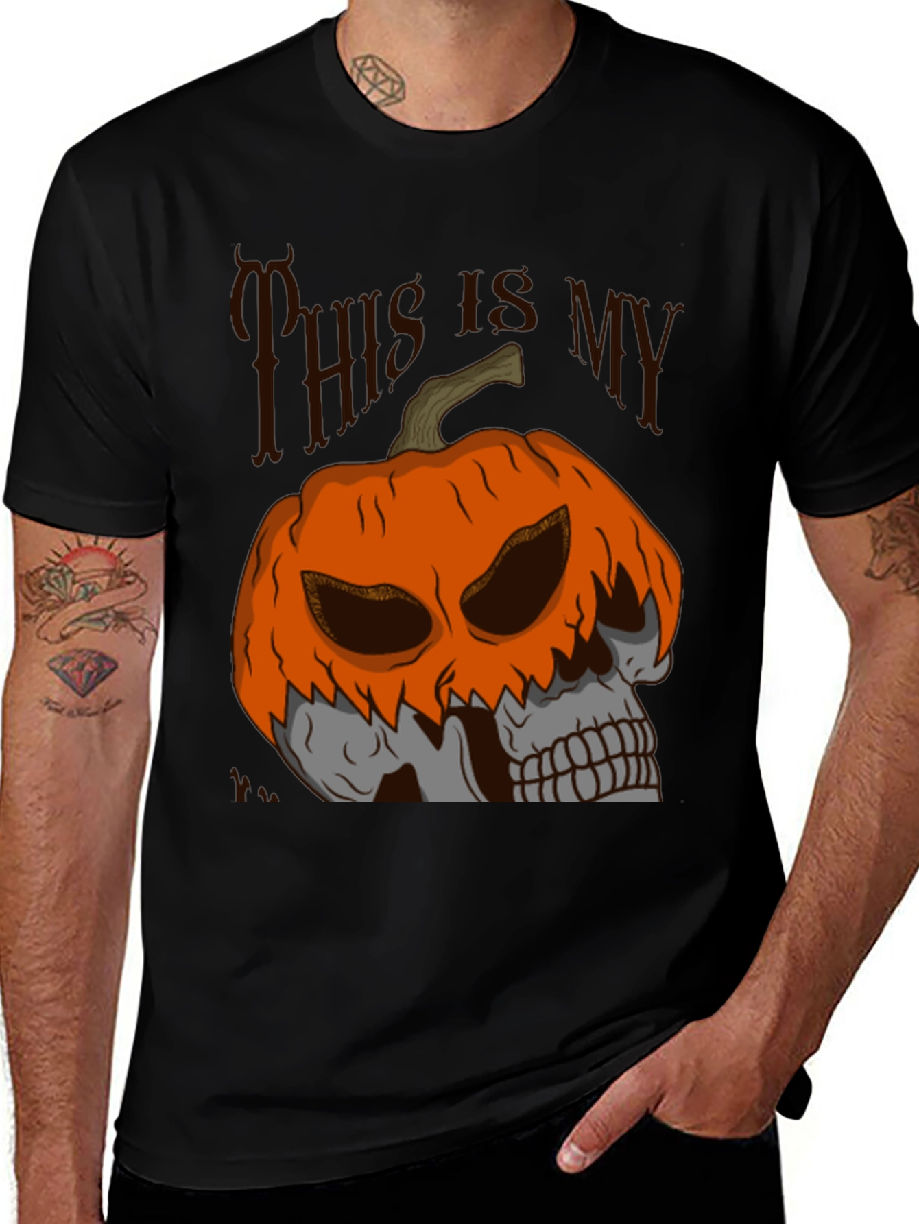 Halloween Pumpkin Skull Graphic Tee - Black