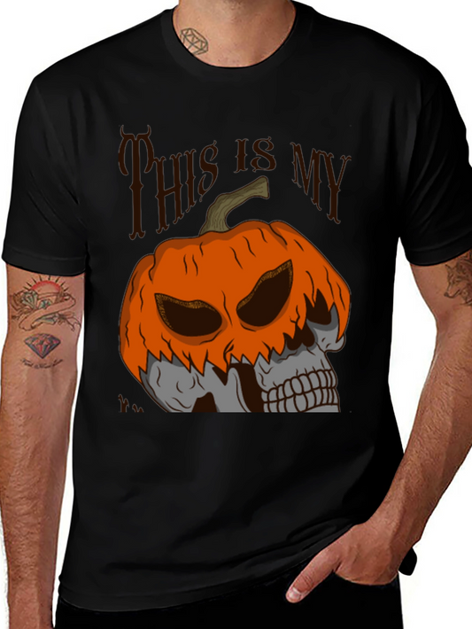 Halloween Pumpkin Skull Graphic Tee - Black
