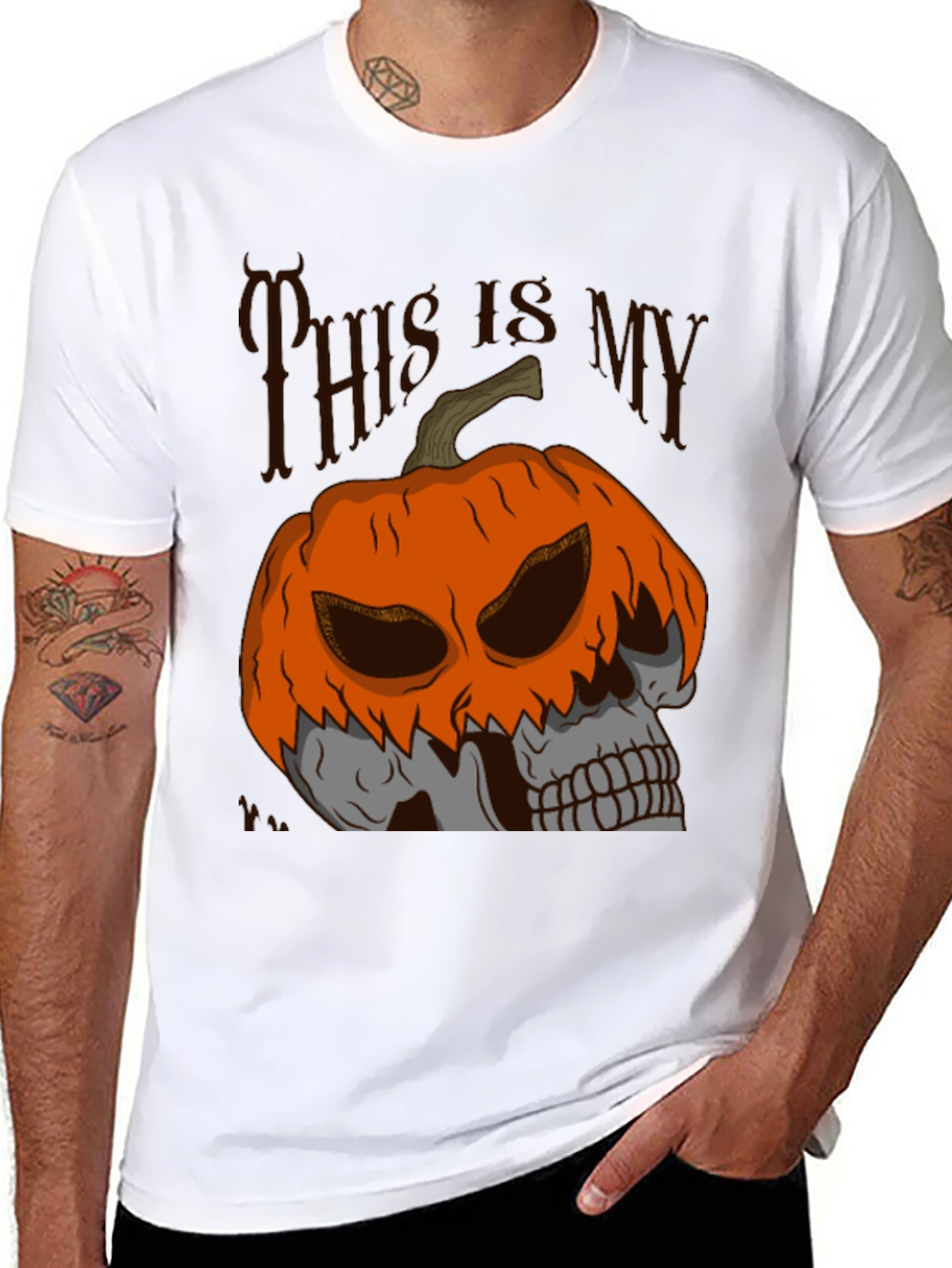 Halloween Pumpkin Skull Graphic Tee - Black