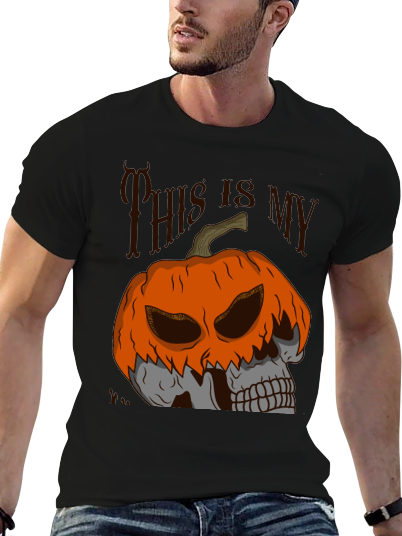 Halloween Pumpkin Skull Graphic Tee - Black