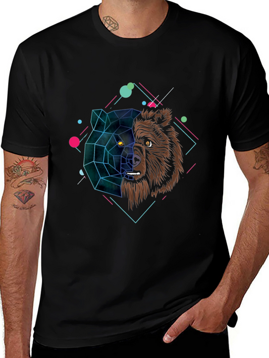 Geometric Bear Graphic Black T-Shirt