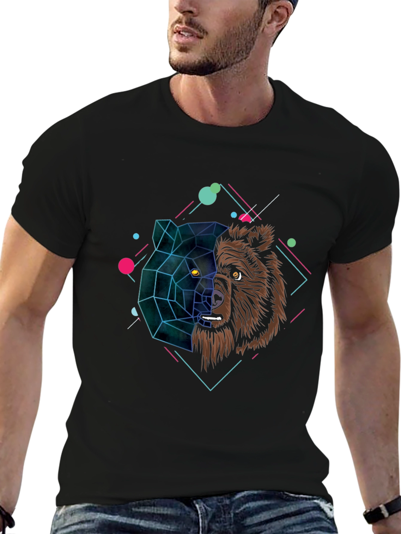 Geometric Bear Graphic Black T-Shirt