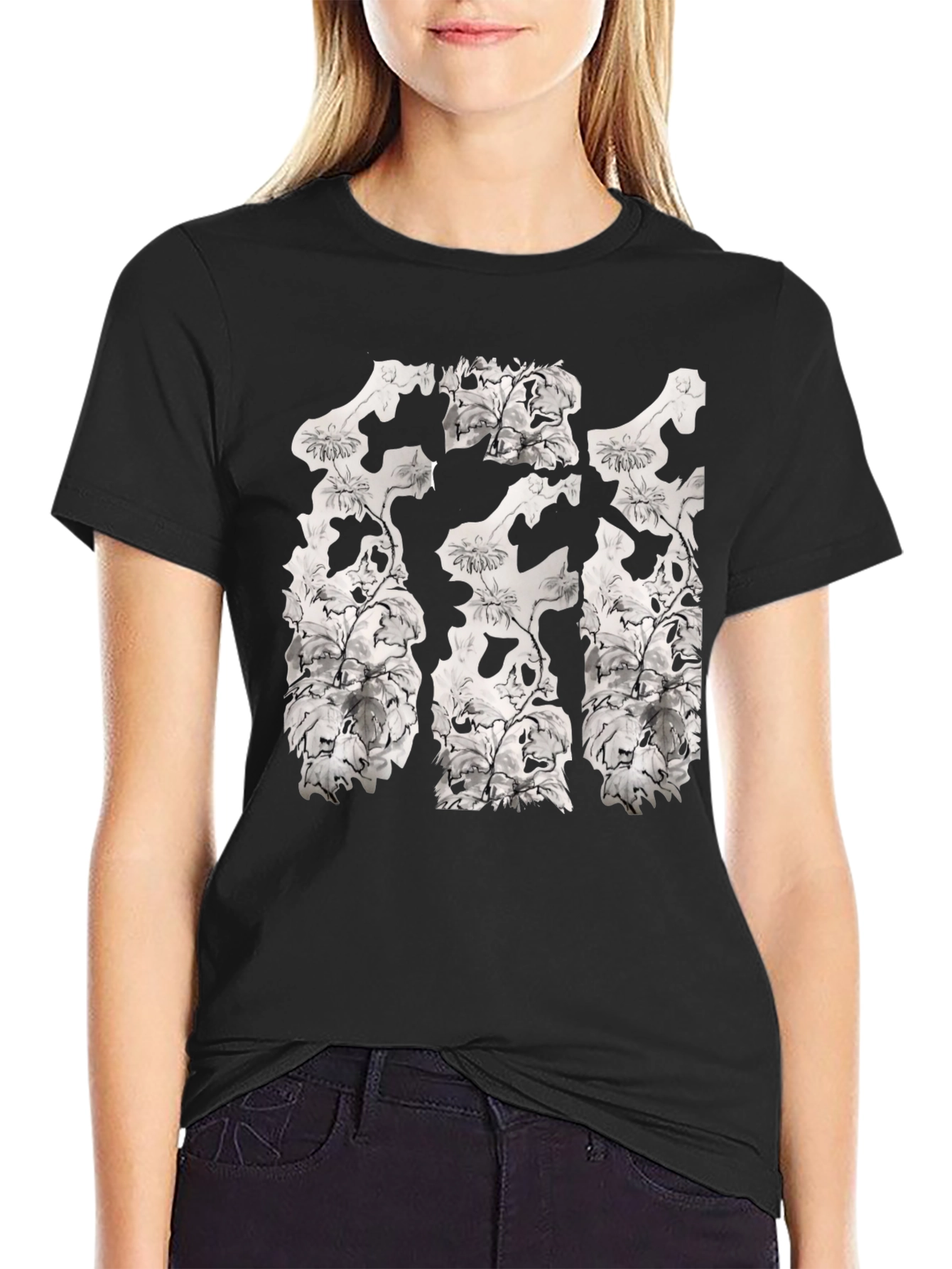 Floral Skull Print Black Crew Neck T-Shirt