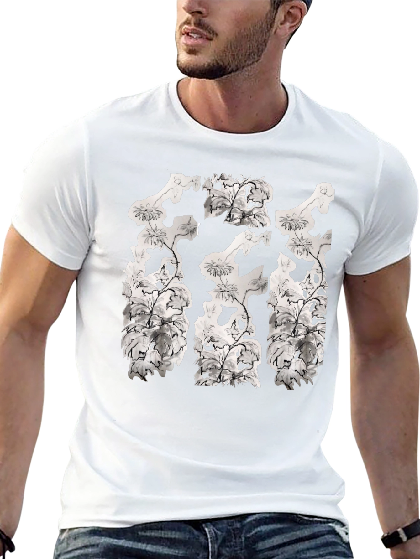 Floral Skull Print Black Crew Neck T-Shirt