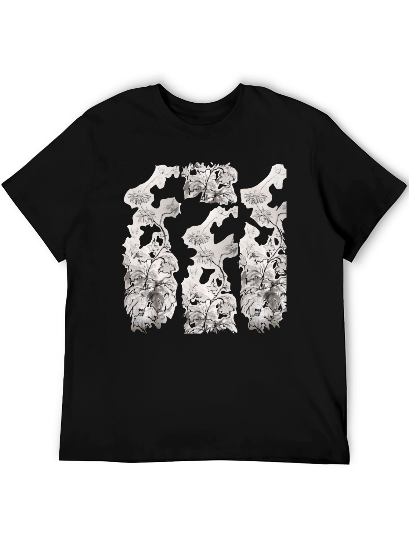 Floral Skull Print Black Crew Neck T-Shirt