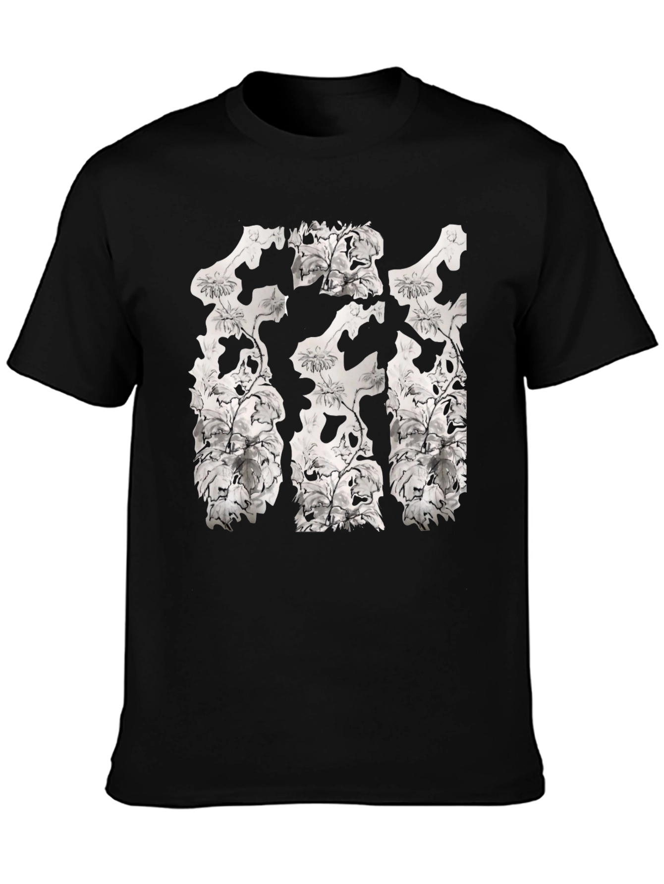 Floral Skull Print Black Crew Neck T-Shirt