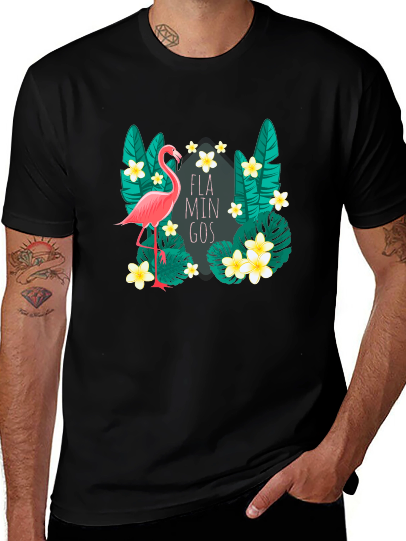 Tropical Flamingo Graphic Tee - Black