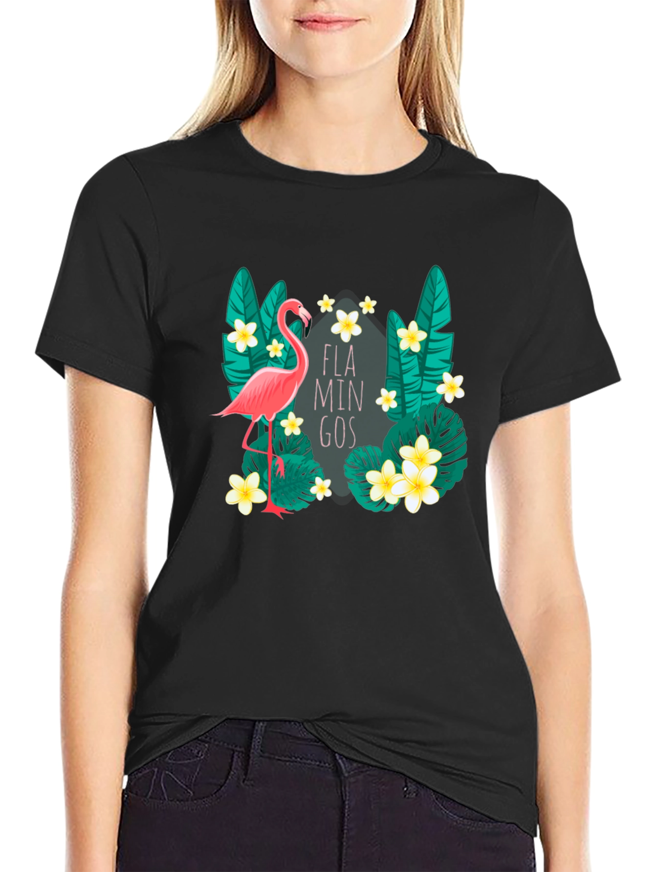 Tropical Flamingo Graphic Tee - Black