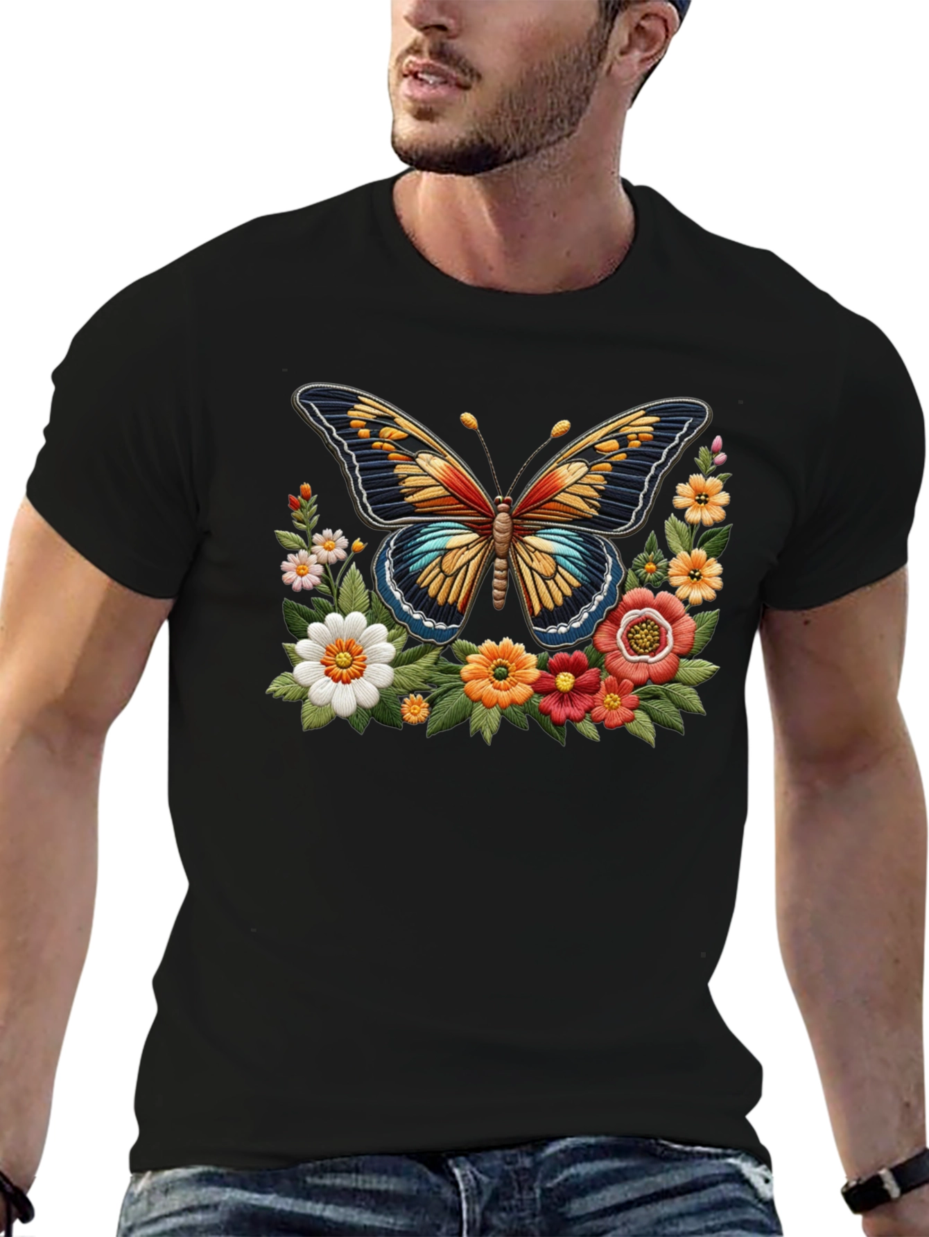 Butterfly Floral Graphic Print Black T-Shirt