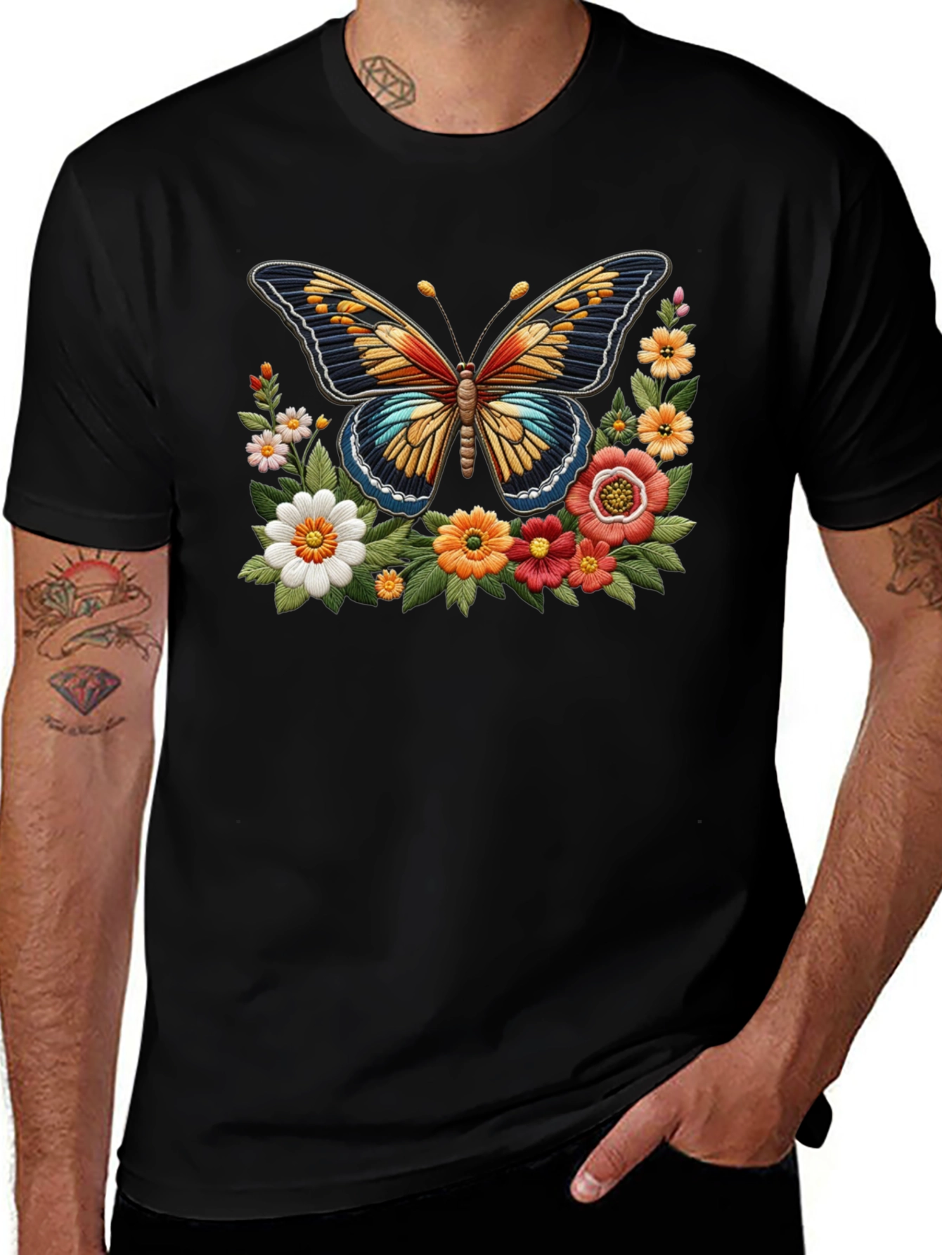 Butterfly Floral Graphic Print Black T-Shirt