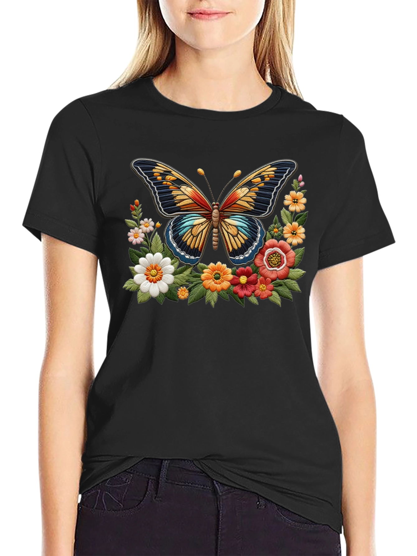 Butterfly Floral Graphic Print Black T-Shirt