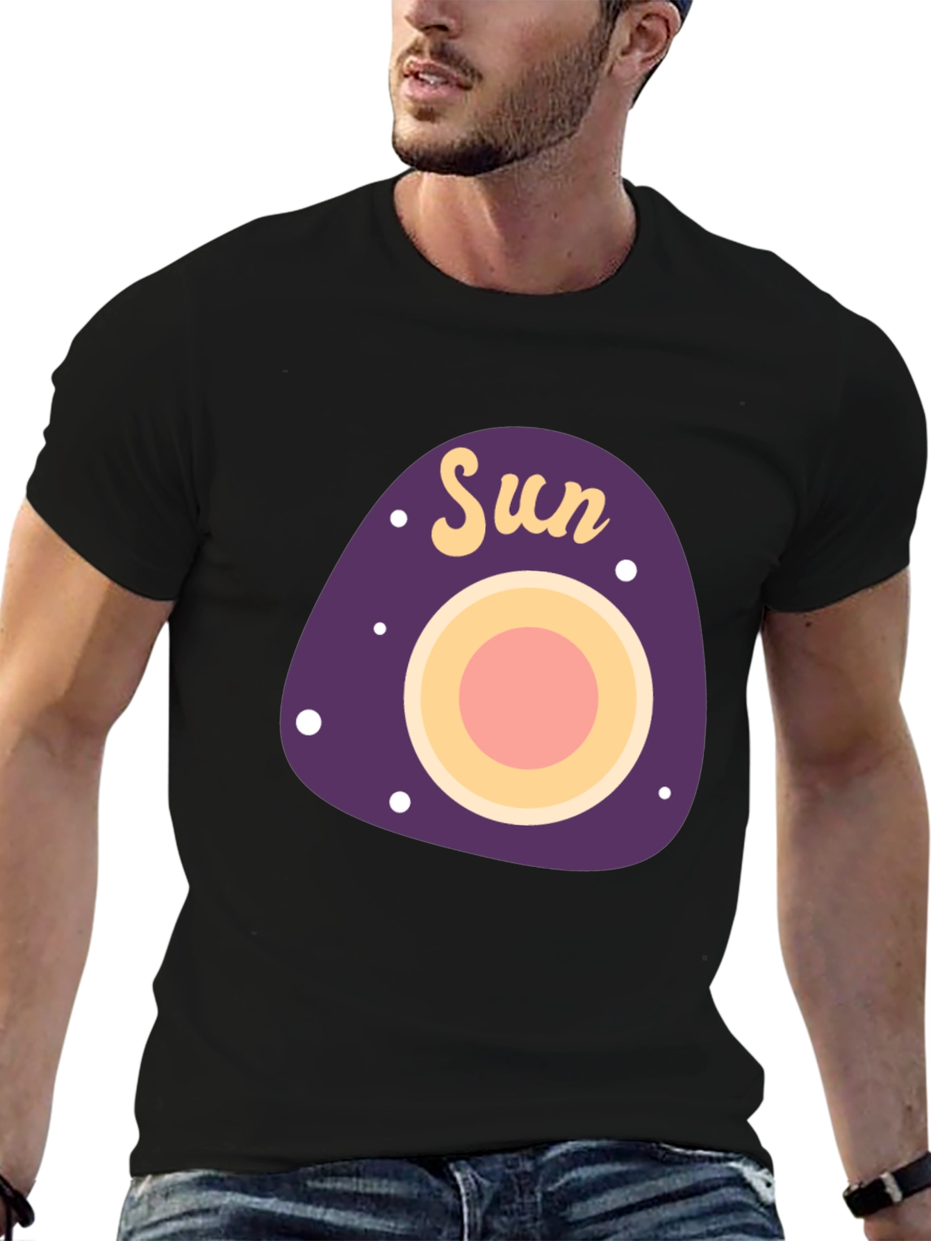 Retro Sun Graphic Tee - Black Cotton Casual Shirt