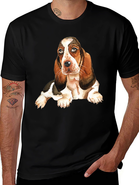Dog Graphic Tee - Basset Hound Puppy Print Black T-Shirt