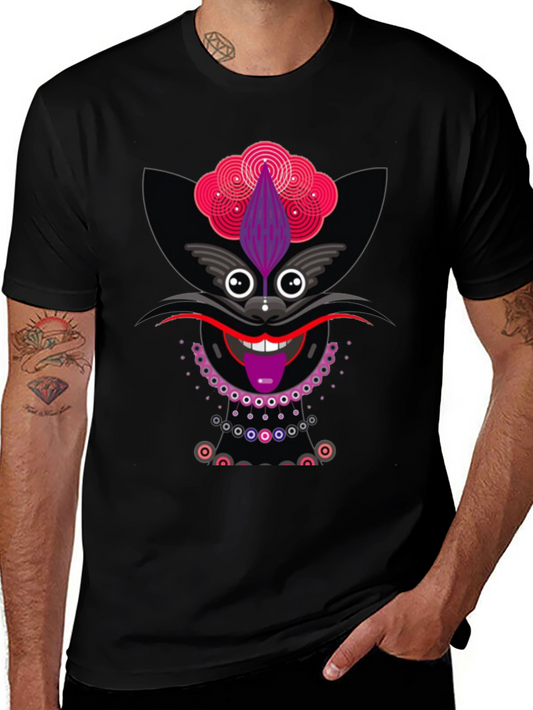 Funky Cat Graphic Tee - Black Cotton T-Shirt