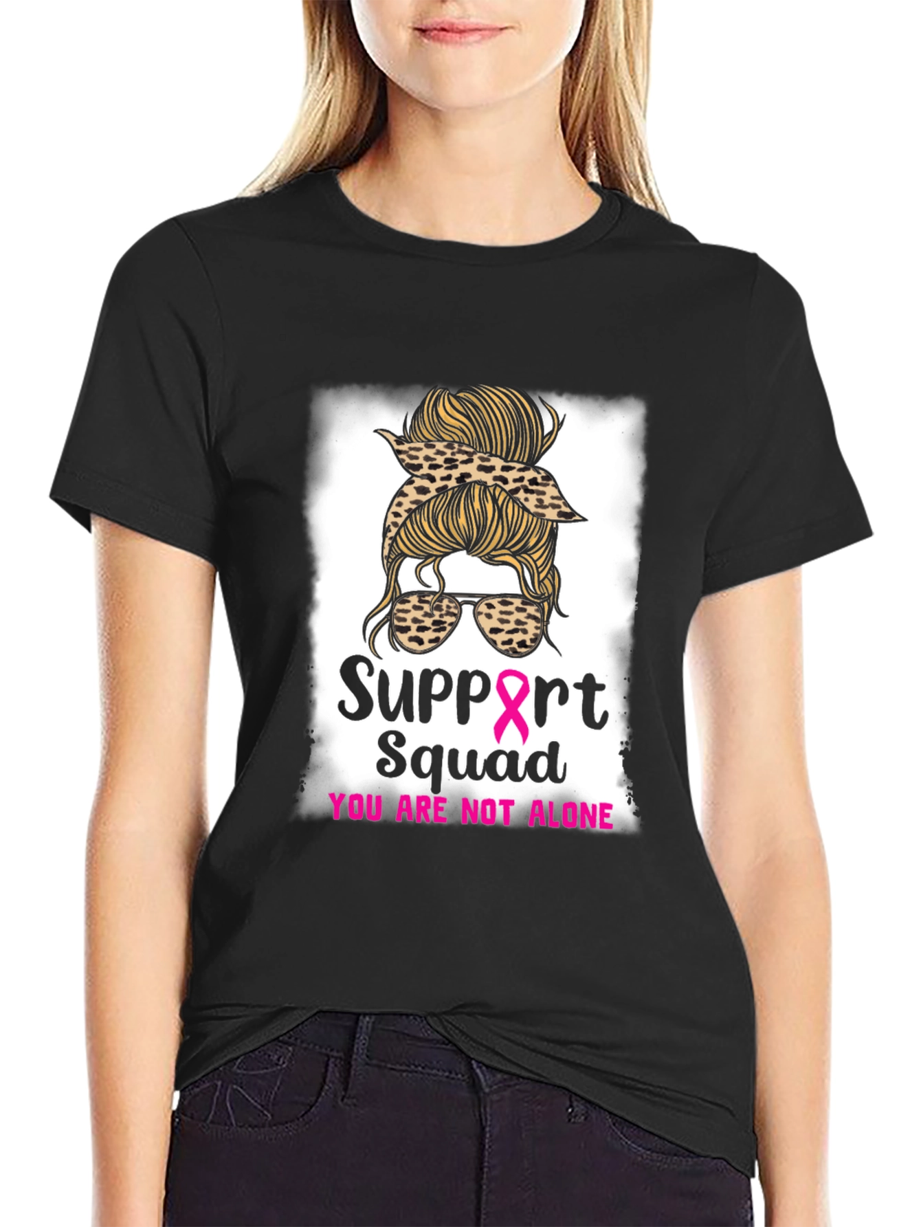 Support Squad Messy Bun Breast Cancer Awareness T-Shirt