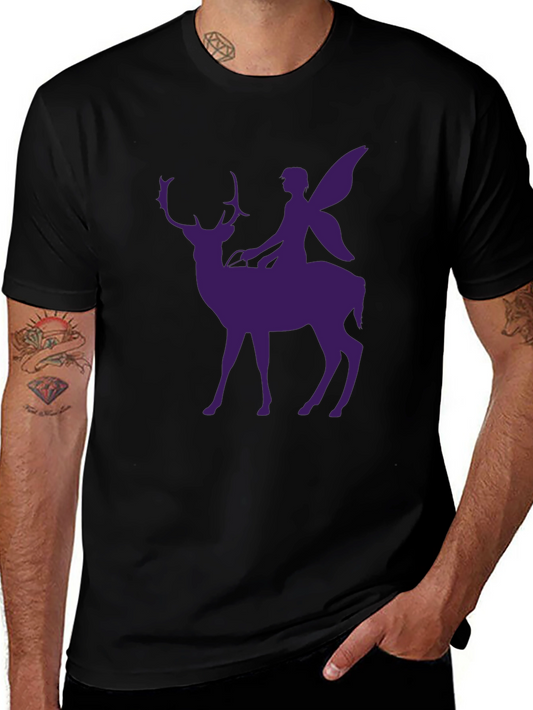 Fairy Riding Deer Graphic Tee - Black Casual Shirt