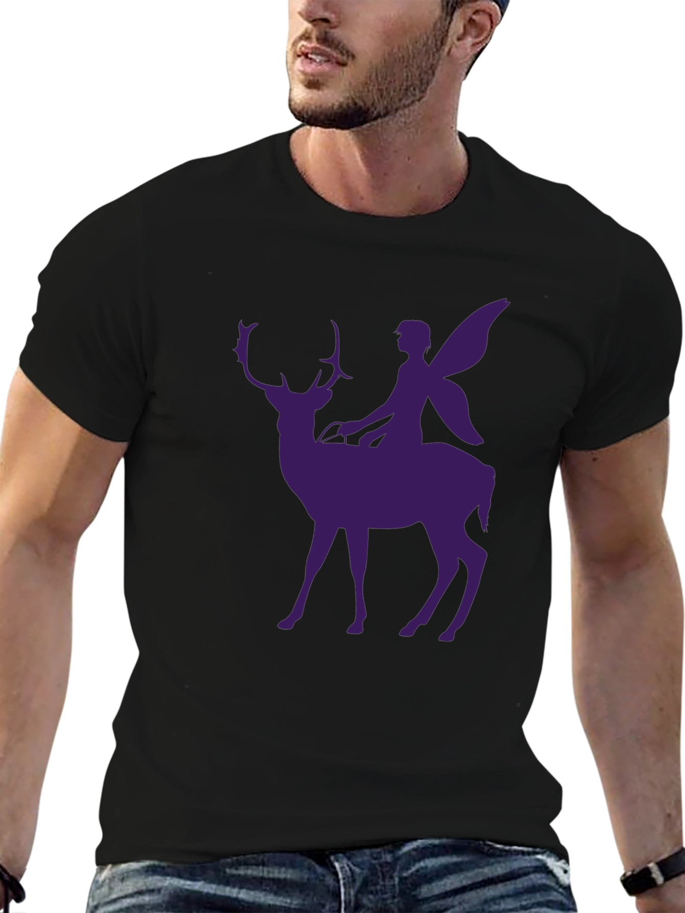 Fairy Riding Deer Graphic Tee - Black Casual Shirt