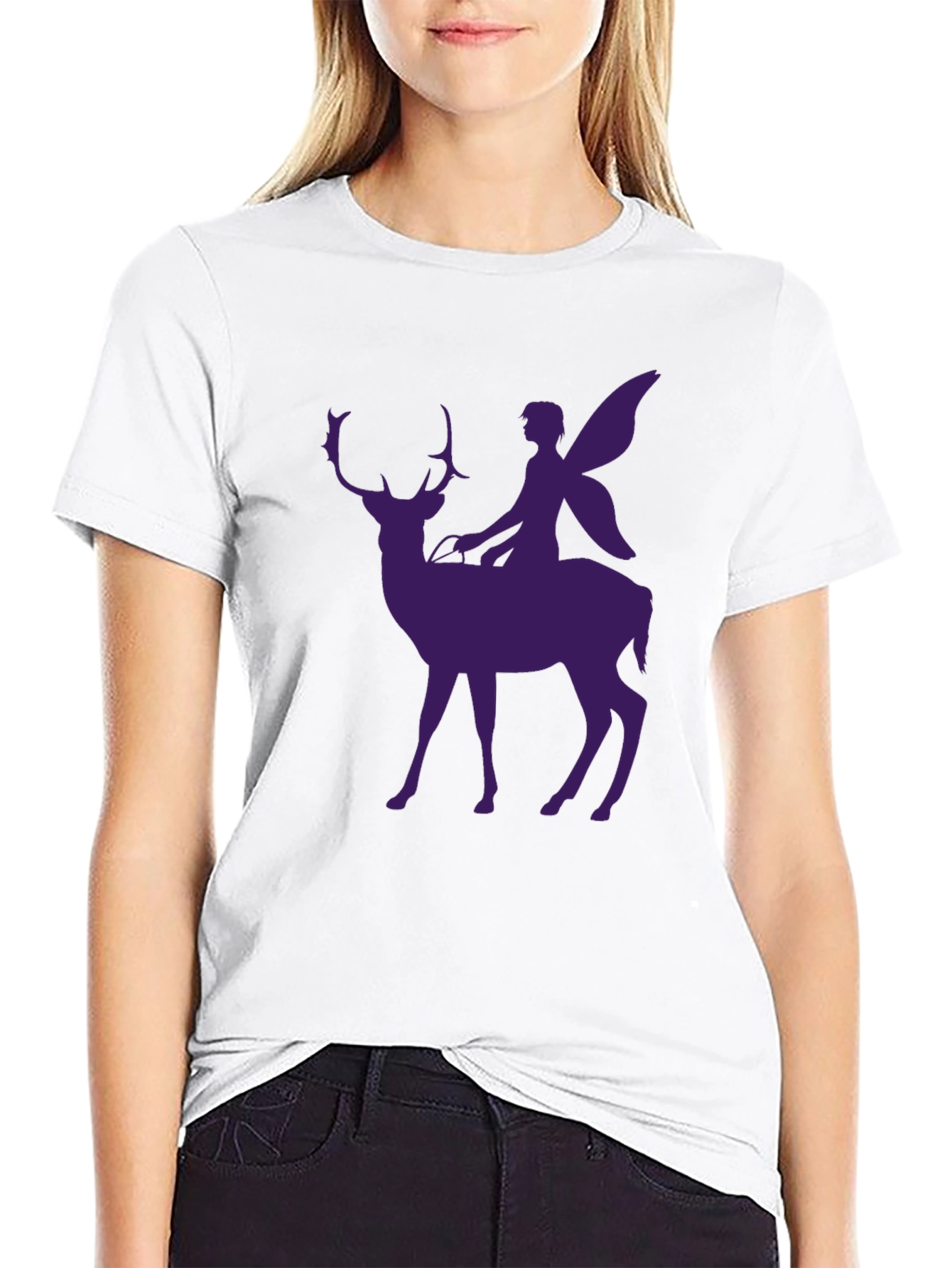 Fairy Riding Deer Graphic Tee - Black Casual Shirt