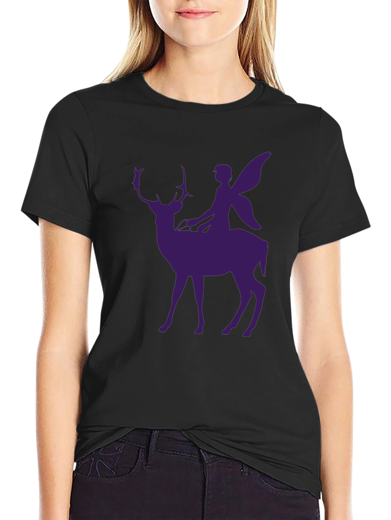 Fairy Riding Deer Graphic Tee - Black Casual Shirt